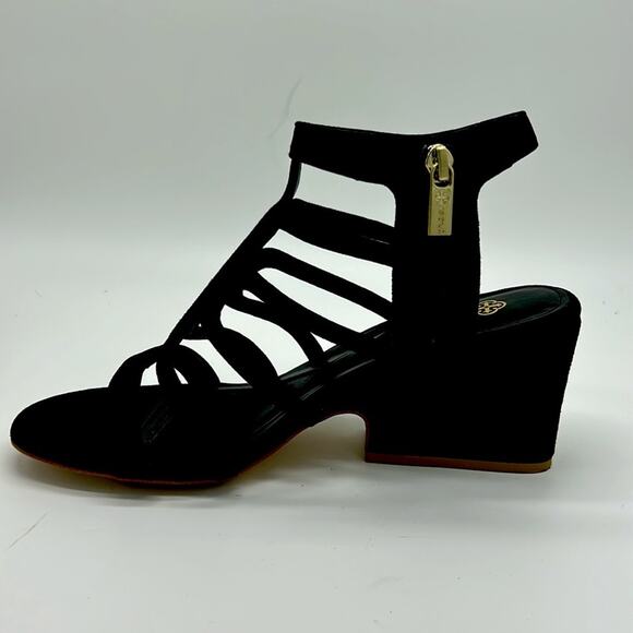 Isola Lina Cage Sandals Womens Size 8.5 Black Suede Side Zip Sculpted Heel Edgy - Picture 9 of 9